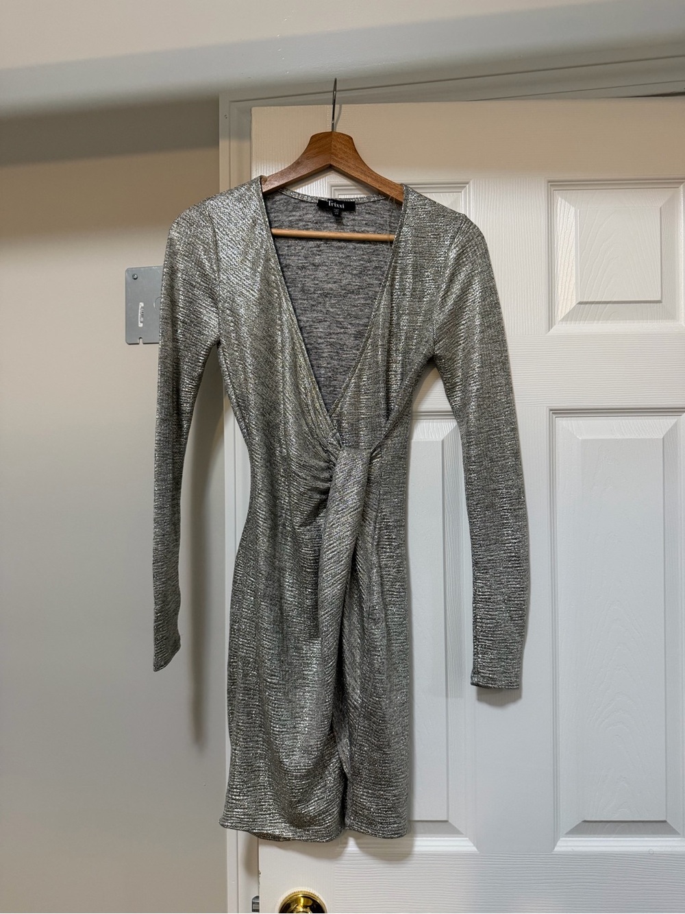 Express Silver Metallic Twist-Front Long-Sleeve Dress